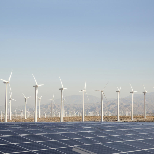 Many wind turbines and a large solar panel array in a desert valley, mountains in the distance and blue sky above. Palm Springs, California, USA